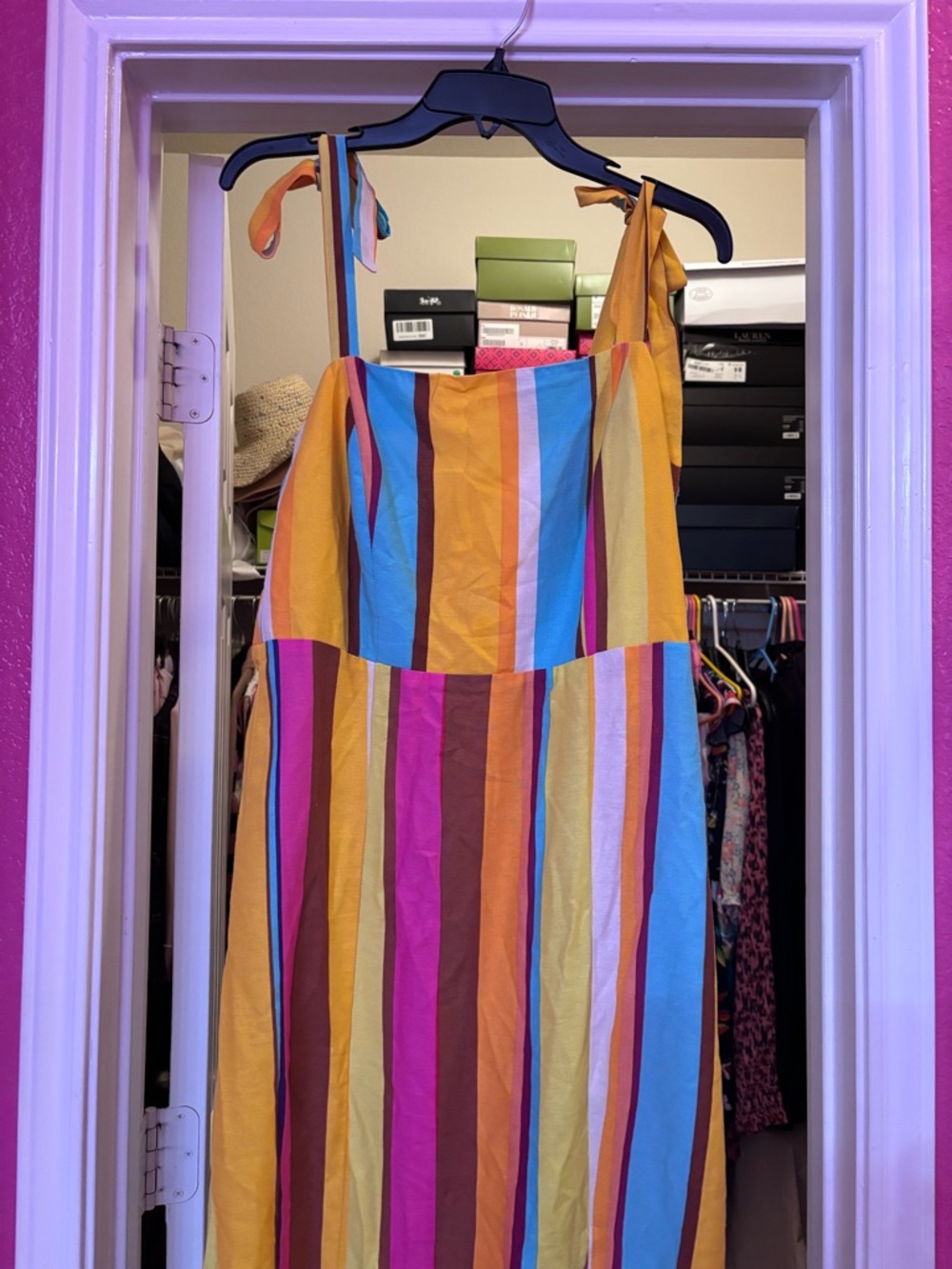 GB girls Multicolor Striped Midi Dress — Yellow, Blue, Pink, Brown